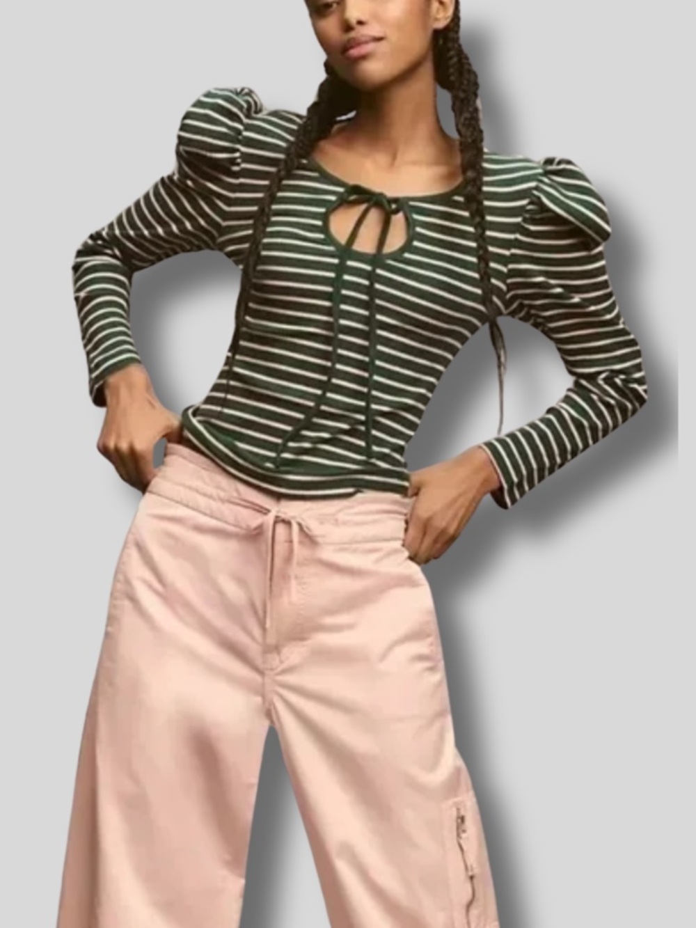 Anthropologie Porridge Puff Sleeve Tie Front Top dark green pink stripes
